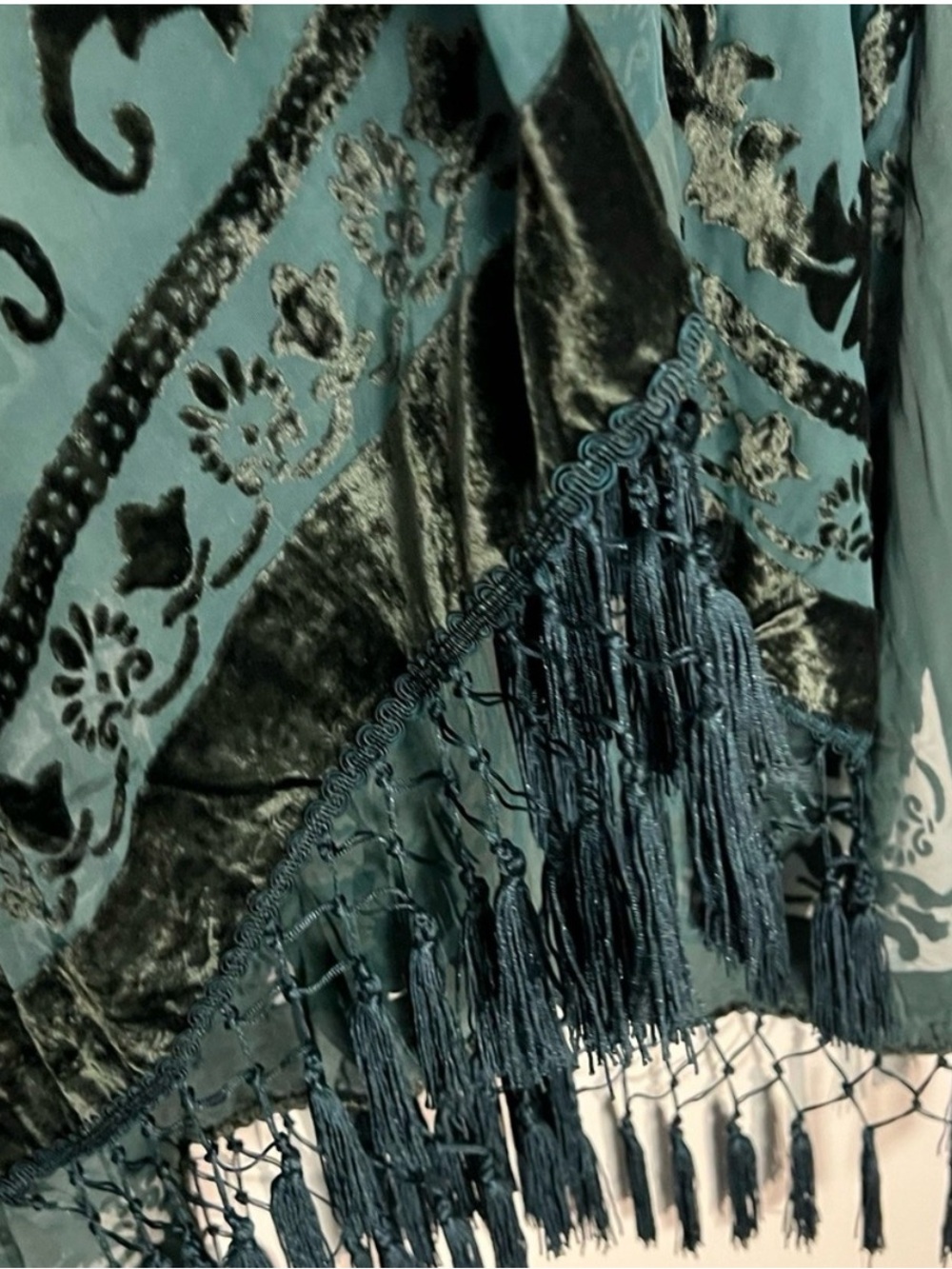 Free People Forest Green Velvet Burnout Kimono with Fringe - Picture 3 of 5